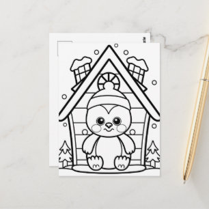 Festive penguin kids colouring  postcard