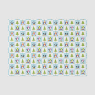 Festive Penguins and Christmas Trees Pattern Tissue Paper