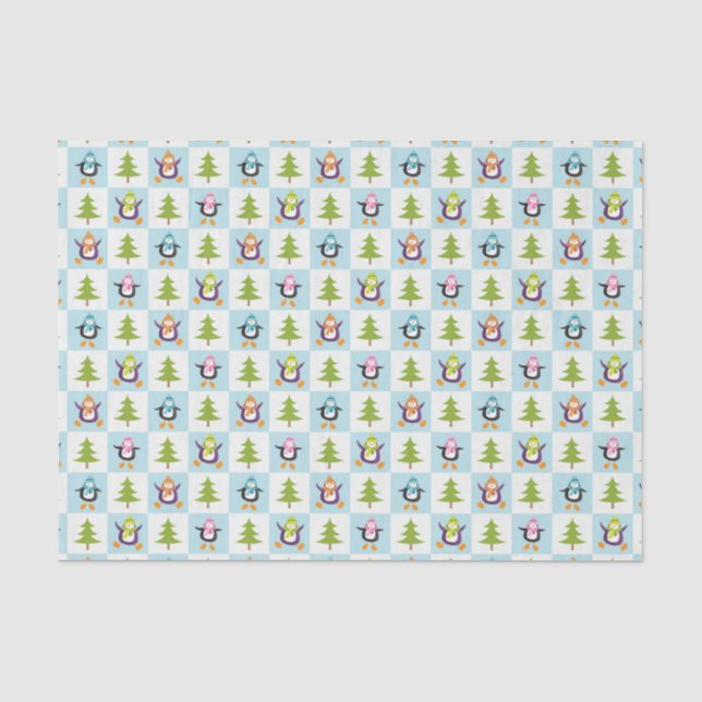 Festive Penguins and Christmas Trees Pattern Tissue Paper (Front)
