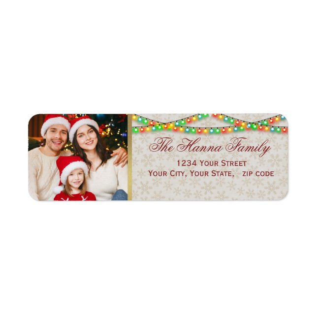 Festive Personalised Family Photo Christmas Lights Return Address Label (Front)