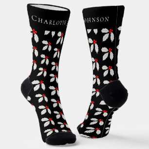 Festive Personalised Holly Berry Black Christmas Socks