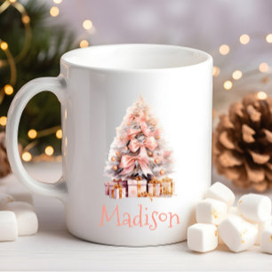 Festive Personalised Pink Christmas Tree Coffee Mug