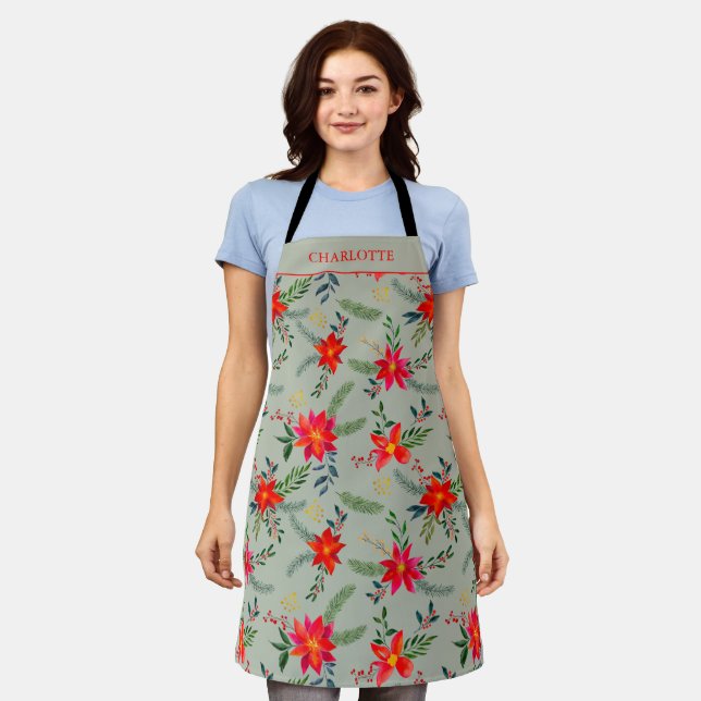Festive Personalised Red ChristmasFloral Apron (Worn)