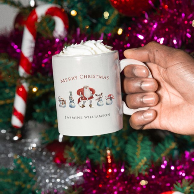 Festive personalised santa snowman christmas  coffee mug (merry christmas festive mug featuring santa and friends , also personalized with your unique name)