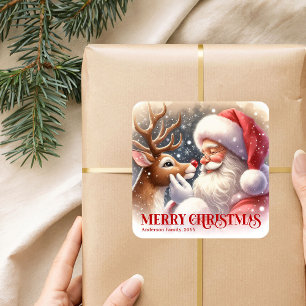 Festive Personalized Santa and Rudolph Christmas Square Sticker
