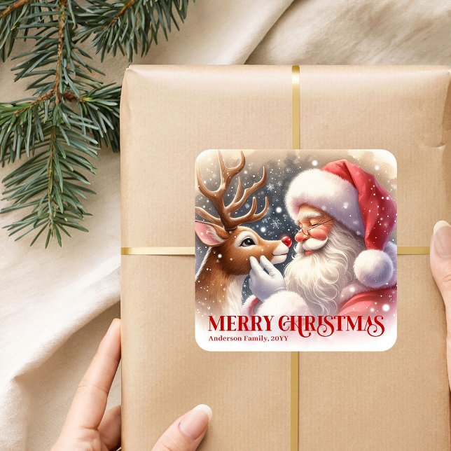 Festive Personalized Santa and Rudolph Christmas  Square Sticker (Festive Personalized Santa and Rudolph Christmas Sticker)