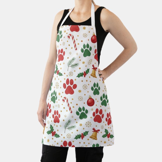 Festive Pet Paw Print Christmas Apron: Red & Green Apron (Insitu)