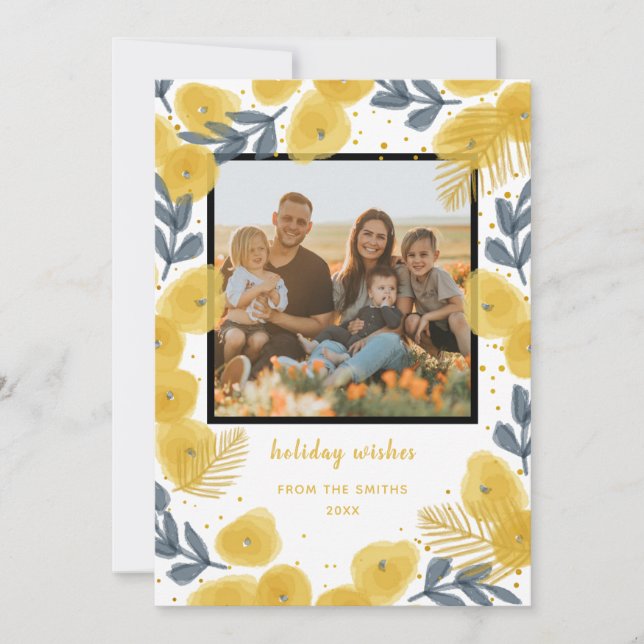 Festive Photo Vibrant Yellow Flowers Holiday Card (Front)