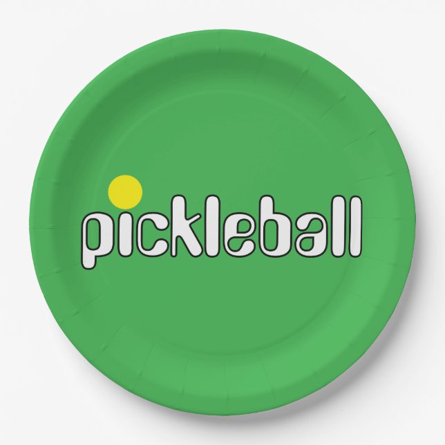 Festive PICKLEBALL Text Bright Green Background Paper Plate (Front)