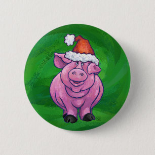 Festive Pig in Santa Hat on Green 6 Cm Round Badge