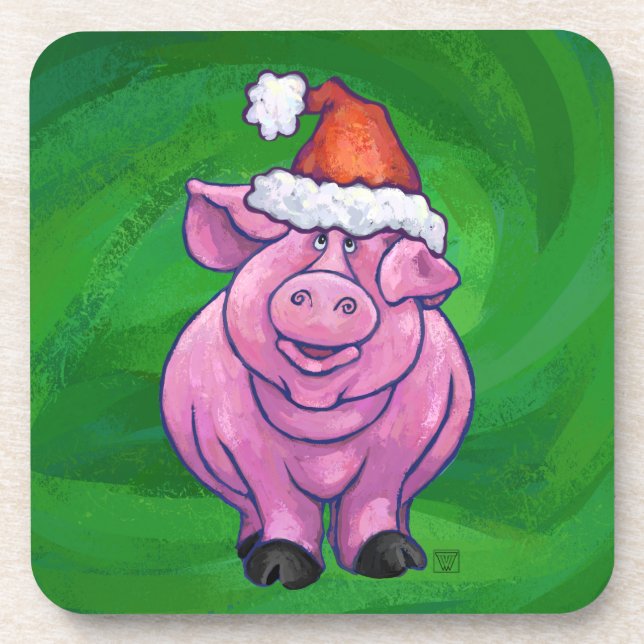 Festive Pig in Santa Hat on Green Coaster (Front)