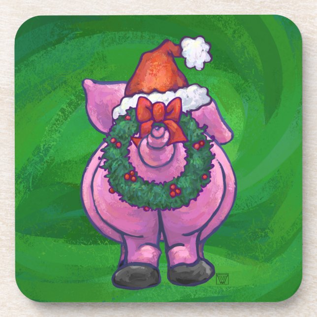 Festive Pig in Santa Hat on Green Coaster (Front)