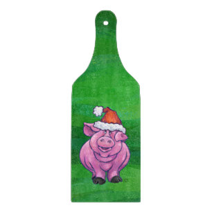 Festive Pig in Santa Hat on Green Cutting Board