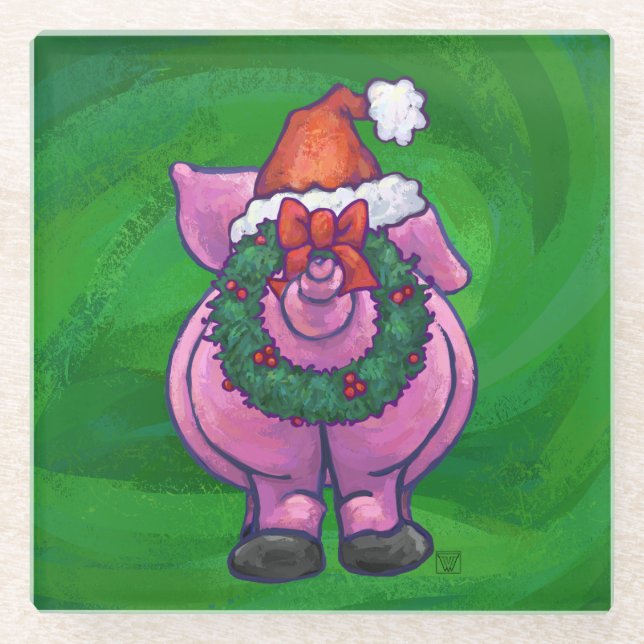 Festive Pig in Santa Hat on Green Glass Coaster (Front)