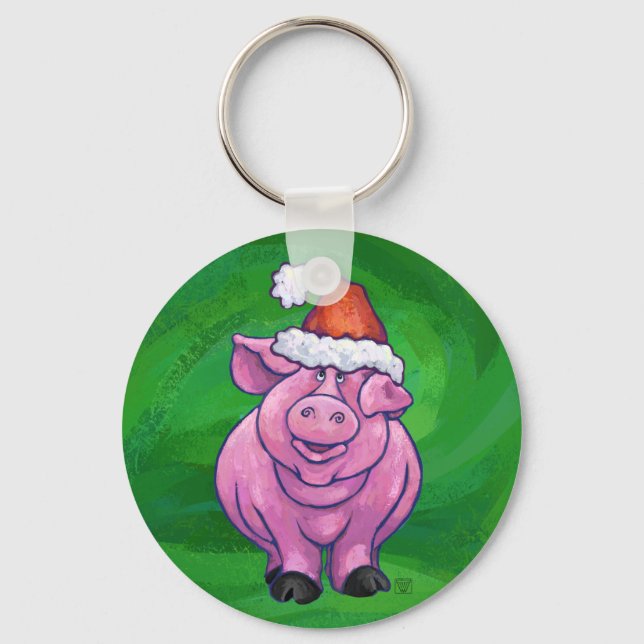 Festive Pig in Santa Hat on Green Key Ring (Front)