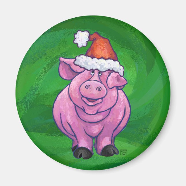 Festive Pig in Santa Hat on Green Magnet (Front)