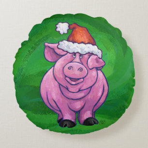 Festive Pig in Santa Hat on Green Round Cushion