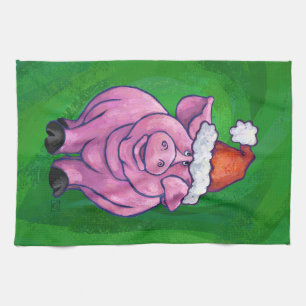 Festive Pig in Santa Hat on Green Tea Towel