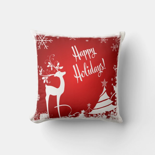Festive Pillow | Red and White, Happy Holidays! (Front)