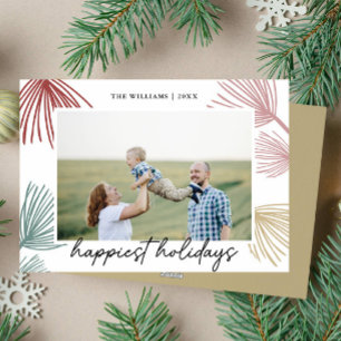Festive Pine Boughs Happiest holidays family photo Holiday Card