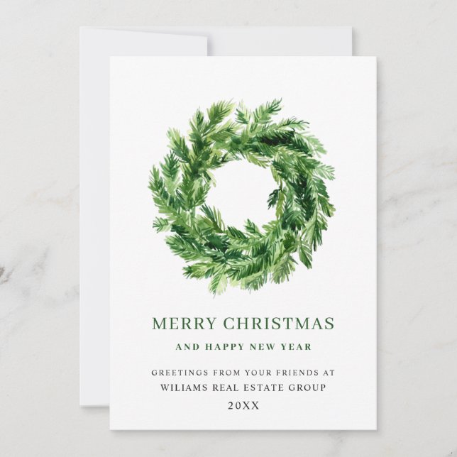 Festive Pine Branch Wreath Christmas Holiday Card (Front)