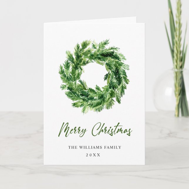 Festive Pine Branch Wreath Christmas Holiday Card (Front)