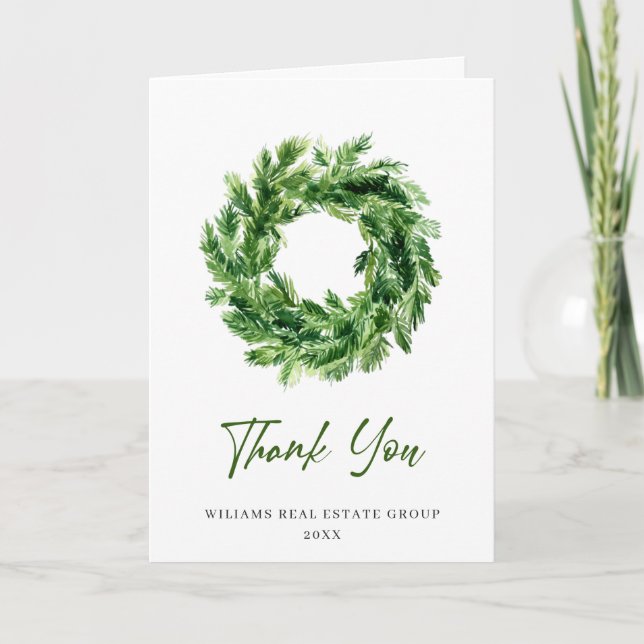 Festive Pine Branch Wreath Christmas Holiday Thank You Card (Front)