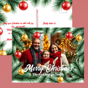 Festive Pine Branches and Balls Photo Christmas Holiday Postcard