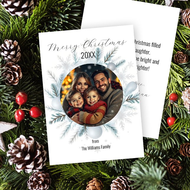 Festive Pine Branches Bauble Photo Christmas Holiday Card (Creator Uploaded)