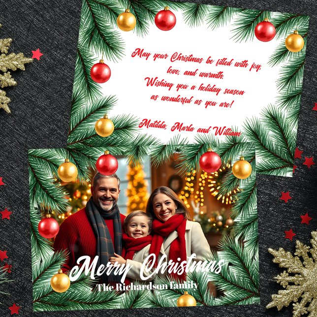 Festive Pine Branches Baubles Photo Christmas Holiday Card (Creator Uploaded)