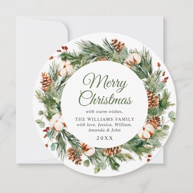 Festive Pine Cones Fir Wreath Christmas Greeting Holiday Card (Front)