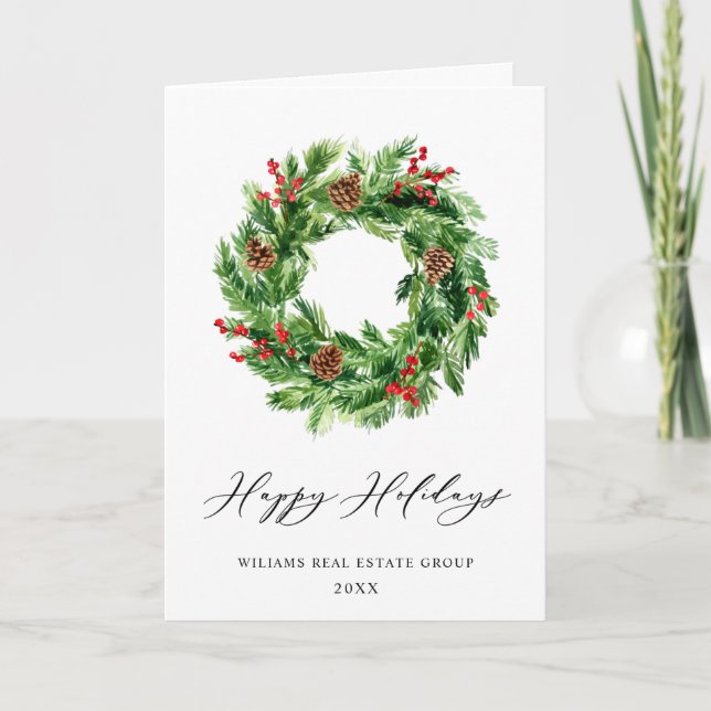 Festive Pine Cones Wreath Corporate Christmas Holiday Card (Front)