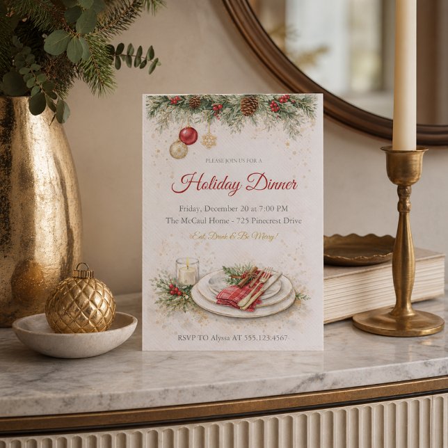Festive Pine Dinner Invitation (Festive pine holiday dinner invite with warm table setting and classic seasonal details)