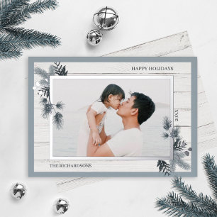 Festive Pine & Rustic White Wooden Shiplap Photo Foil Holiday Card