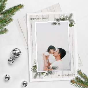 Festive Pine & Rustic White Wooden Shiplap Photo Foil Holiday Card
