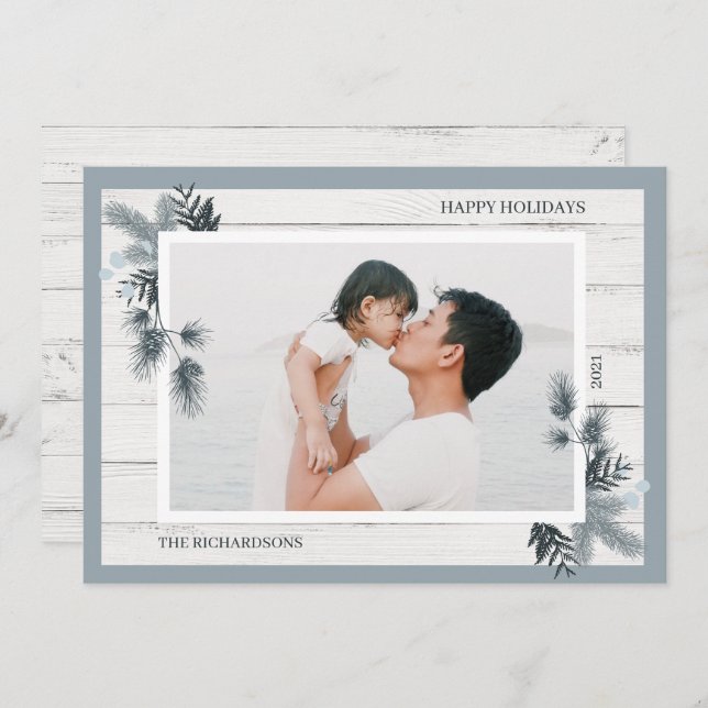 Festive Pine & Rustic White Wooden Shiplap Photo Holiday Card (Front/Back)
