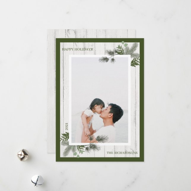 Festive Pine & Rustic White Wooden Shiplap Photo Holiday Card (Front/Back In Situ)