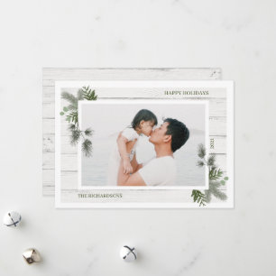 Festive Pine & Rustic White Wooden Shiplap Photo Holiday Card