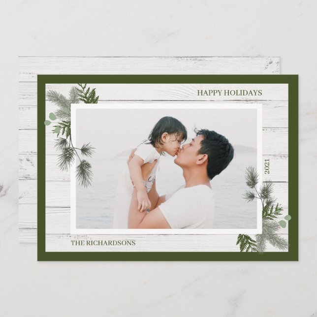 Festive Pine & Rustic White Wooden Shiplap Photo Holiday Card (Front/Back)