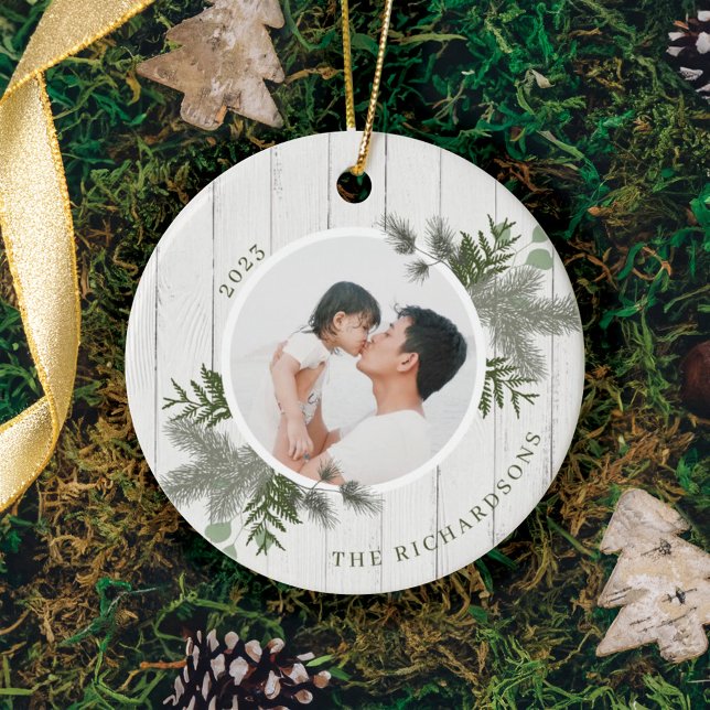 Festive Pine & Rustic White Wooden Shiplap Photos Ceramic Ornament (Festive Pine & Rustic White Wooden Shiplap Photos Ceramic Ornament)