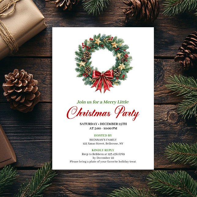 Festive Pine Wreath Christmas Party Invitation (Festive Pine Wreath Christmas Party Invitation)
