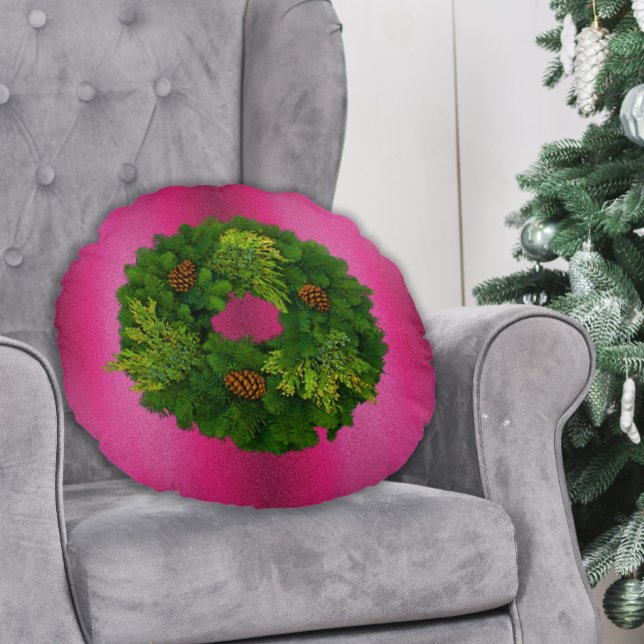 Festive Pine Wreath on Pink Christmas Round Cushion (Creator Uploaded)