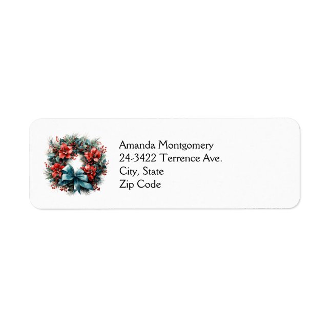 Festive Pine Wreath with Holly Christmas Return Address Label (Front)