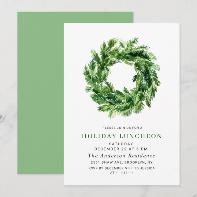 Festive Pine Wreth CHRISTMAS HOLIDAY LUNCHEON Invitation (Front/Back)
