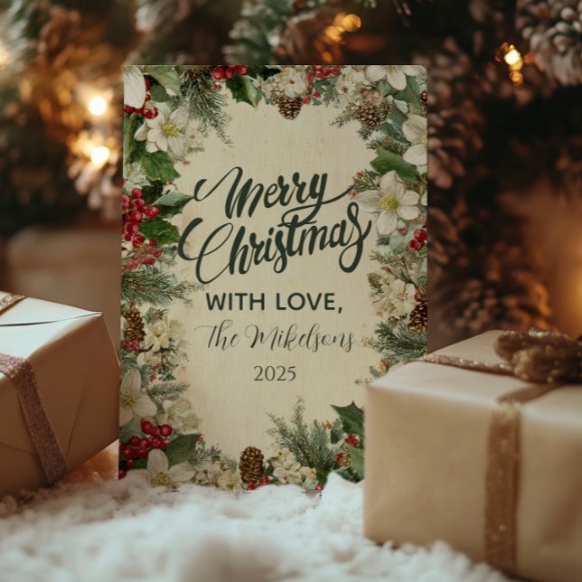 Festive Pinecone and Holly Christmas Holiday Card (Creator Uploaded)