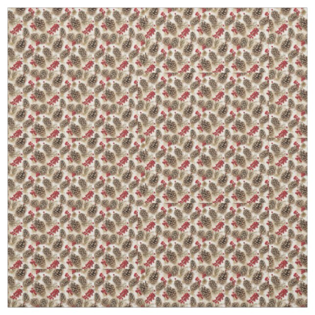 Festive Pinecones and Red Berries Fabric (Swatch)