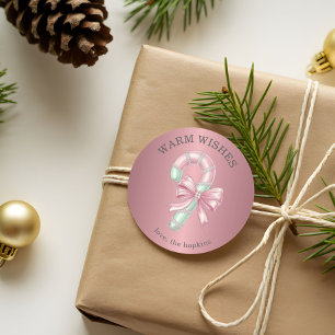Festive Pink and Green Glitter Shiny Candy Cane Classic Round Sticker