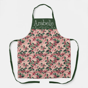 Festive Pink and Green Holly Ivy Pattern Apron
