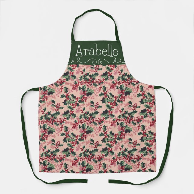 Festive Pink and Green Holly Ivy Pattern Apron (Front)