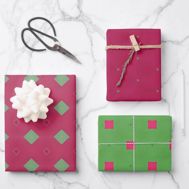 Festive Pink and Green Vibrant Geometric Wrapping Paper Sheet (Front)